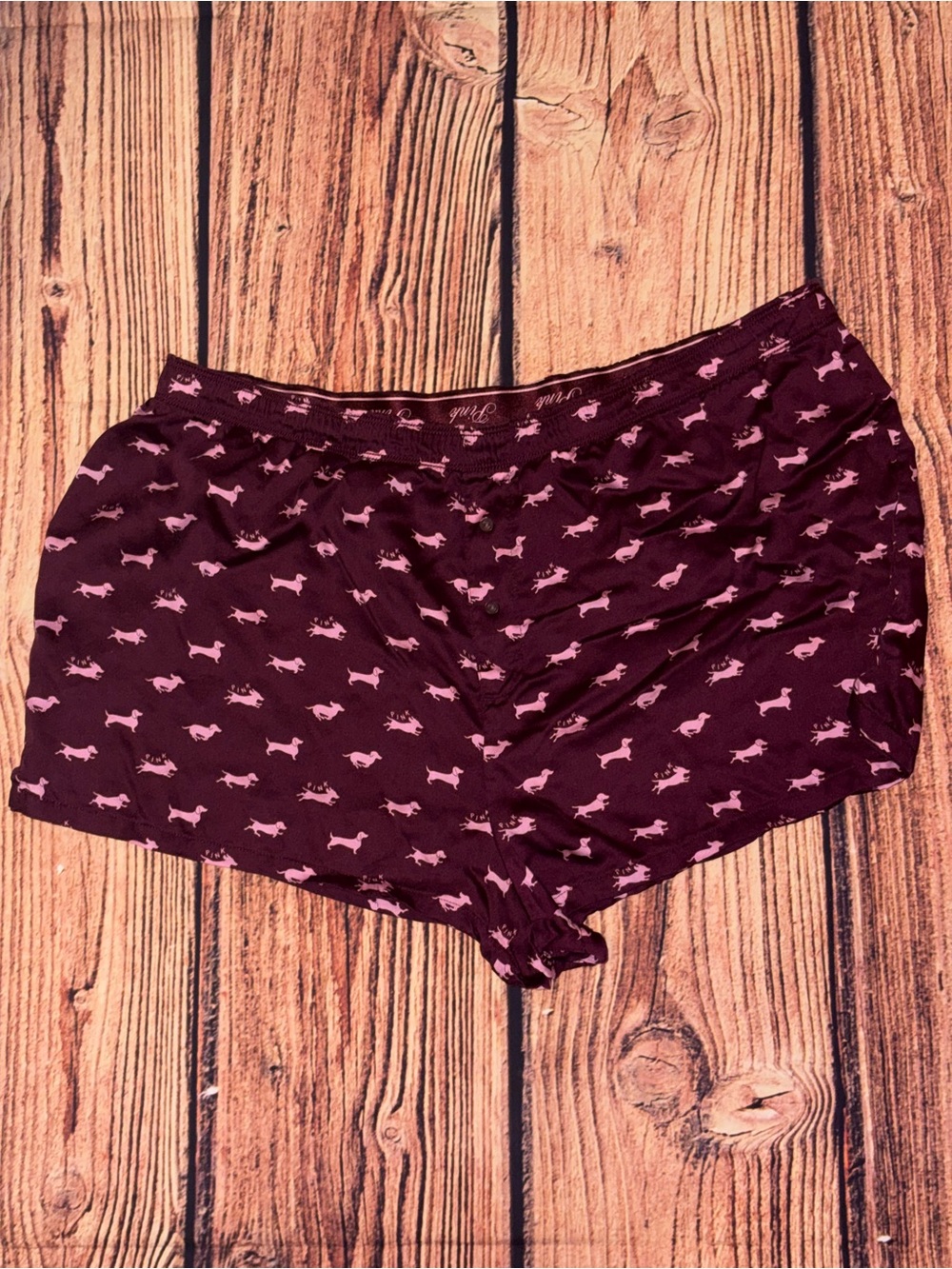 PINK Victoria's Secret Maroon Boxer Sleep Shorts with Pink Dachshund Print